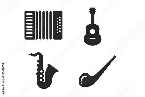 Solid black musical instrument icons set, vector illustration. Accordion, acoustic guitar, alto saxophone, alphorn silhouettes. Classic and folk music instruments pictogram collection isolated