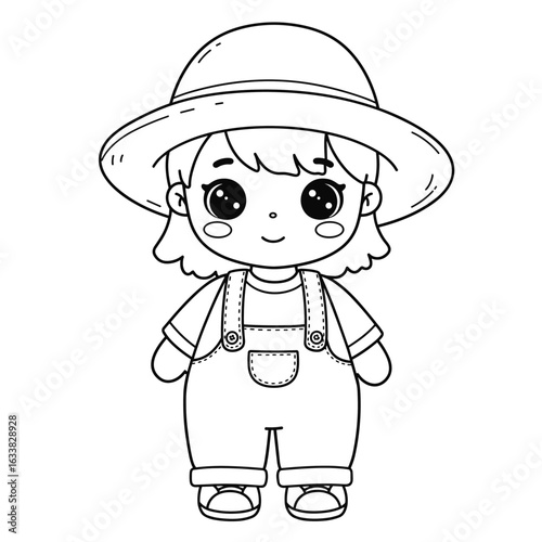 A cute cartoon character with big eyes, short hair, and a wide-brimmed hat, dressed in a t-shirt and overalls with a front pocket. The outlined, simple style makes it perfect for coloring activities.