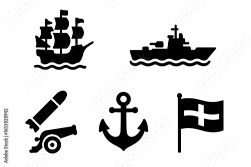 Naval warfare icons set. Black silhouette vector illustration of historic galleon, modern battleship, torpedo, naval cannon, anchor, war flag. Maritime military symbols, fleet, navy, combat, defense