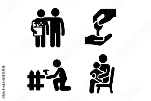 Negotiation and Mediation Vector Icons Set. Solid Black Silhouettes Showing Conflict Resolution, Key Exchange, Help, Community Support, Homeownership, Volunteering, Parenting, Cooperation Concepts