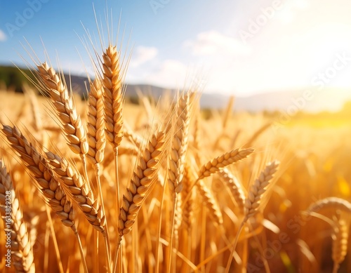 Golden wheat stalks bask in sunlight, a picturesque summer harvest scene