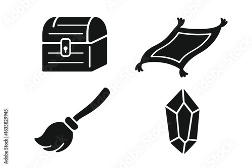 Mythical Fantasy Magic Objects Icon Set. Solid Black Vector Icons. Treasure Chest, Magic Carpet, Flying Broomstick, Crystal. Wizard RPG Game Items. Enchanted Artefacts, Fairy Tale, Adventure Symbols