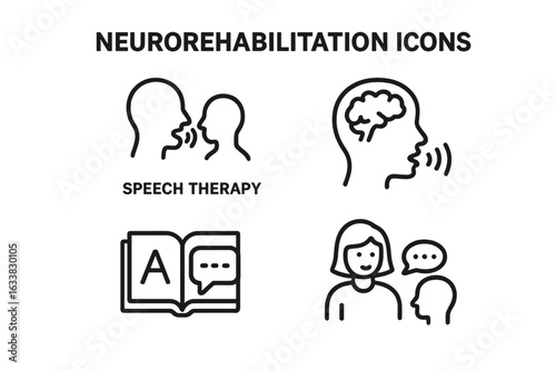 Neurorehabilitation Speech Therapy Vector Icons Set. Outline Style Language Disorder Rehabilitation Illustrations. Communication Therapy, Cognitive Recovery, Brain Injury Support, Logopedia, Education