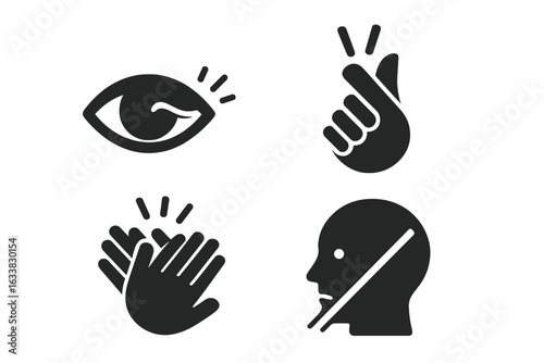 Nonverbal Communication Symbols Vector. Eye Blink, Finger Snap, Clapping Hands, Silent Gesture Icon Set. Black Solid Communication Without Words, Body Language, Gestures, Sign Language Illustration