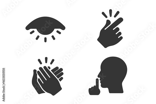 Nonverbal Communication Icons Set. Eye Blink, Finger Snap, Hand Clap, Silence Gesture Silhouette Symbols. Body Language, Gestures, Communication Without Words, Social Interaction Vector Illustration.