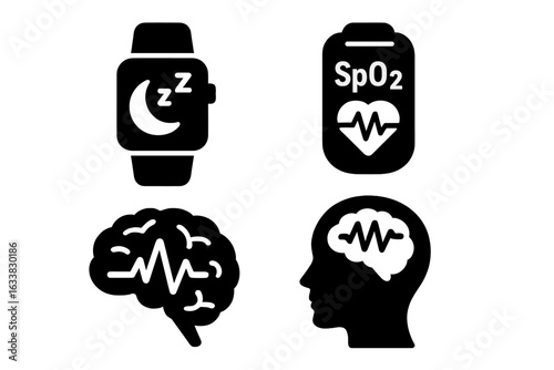 Sleep and Health Monitoring Icons Set. Smartwatch Sleep Tracker, SpO2 Heart Rate Measurement, Brain Wave Activity, Human Head with EEG Concept. Medical Wearables, Sleep Health, Vector Illustration.