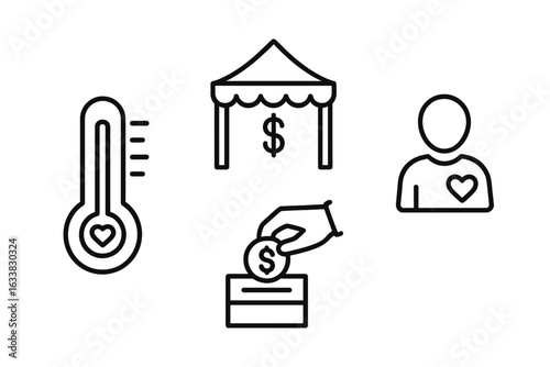 Nonprofit Fundraising and Charity Donation Outline Icon Set. Vector Illustration of Goal Thermometer, Fundraising Event Tent with Dollar Sign, Volunteer Donor, Fundraising Box. Transparent Background.