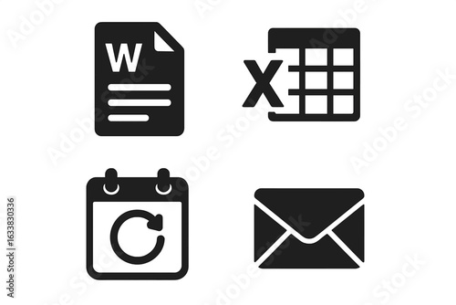Office software icons set. Solid vector grid of 4 icons: word processing document, spreadsheet table, calendar sync, email envelope. Black filled business symbols. Productivity app pictogram bundle.