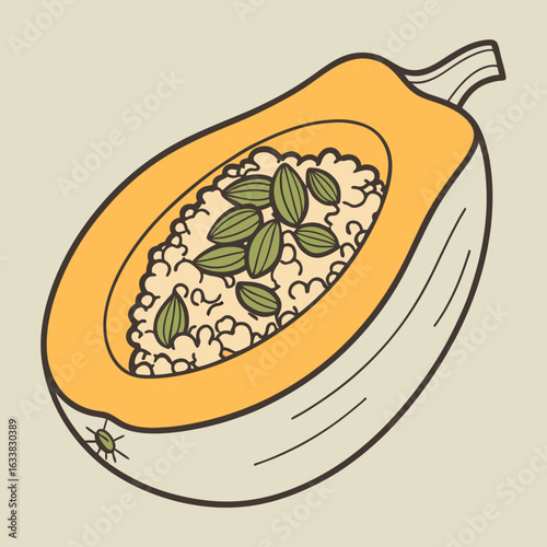 Ripe papaya cut in half with seeds and pulp in a simplistic style  