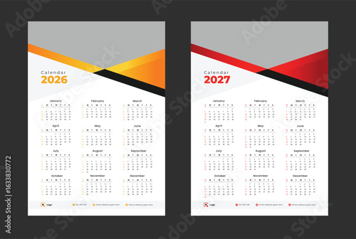 2026 2027 calendar template set modern design. set of one page calendar design with abstract shape. Week starts on Sunday.