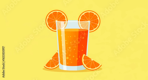 A fun and refreshing glass of orange juice with creative citrus slice garnishes, presented as a healthy beverage concept on a yellow background.