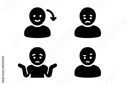 Nonverbal Communication Icons Set. Solid Silhouette Vector Symbols of Body Language: Smiling Nodding Head, Sad Shaking Head, Shrugging Shoulders, Raised Eyebrow. Emotional Human Gestures PNG Clipart