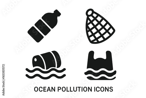 Ocean Pollution Icons Set. Solid Black Vector of Floating Plastic Bottle, Fishing Net, Barrel, Plastic Bag. Marine Debris, Environmental Impact, Water Waste, Eco Problem, Contamination Symbols