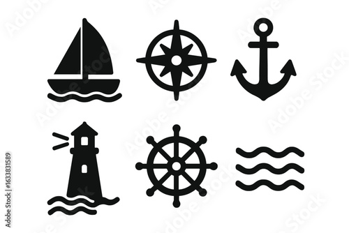 Nautical Maritime Icons Set. Solid Black Vector Symbols of Sailboat, Compass Rose, Anchor, Lighthouse, Ship Wheel, Ocean Waves. Sea Navigation Elements for Print, App, Web, Brochure, Infographic