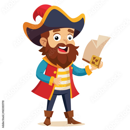 A swashbuckling cartoon man dressed as a pirate holding a treasure map, representing adventure, treasure, and fun.