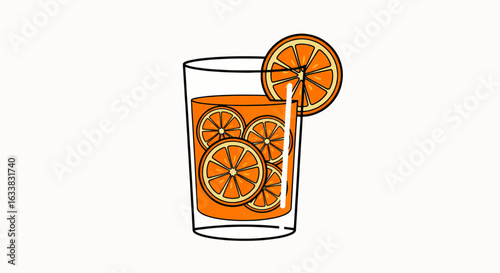 A refreshing glass of orange juice with fruit slices, a concept for a healthy morning beverage. Minimalist vector illustration.