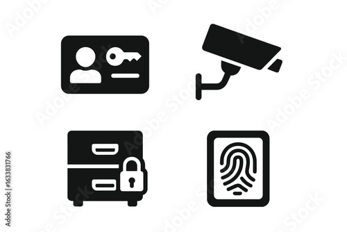 Office security icons set. Solid filled vector of access keycard, surveillance camera, locked filing cabinet, fingerprint biometric. Corporate workplace protection, safety, identification symbols.