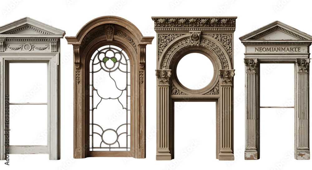Fototapeta premium A set of vertical vintage windows with ornate wooden frames displayed against a light background. Each window showcases unique classical architectural details. 