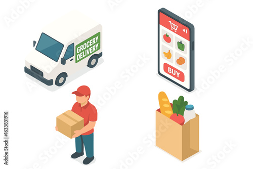 Online grocery delivery isometric vector icon set. Delivery van, grocery shopping mobile app, delivery courier, food bag. E-commerce, contactless home delivery, digital food order, supermarket service