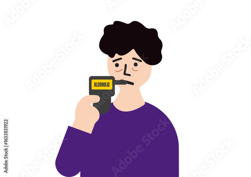 Illustration of a Man using breathalyzer to detect alcohol consumption
