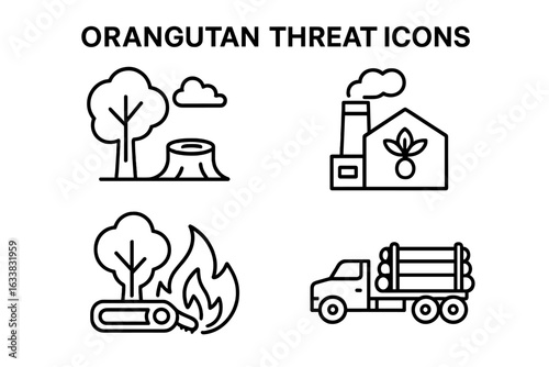 Orangutan Threat Icons Outline Set. Deforestation, Palm Oil Plantation Factory, Chainsaw, Forest Fire, Logging Truck. Endangered Wildlife Habitat Loss. Linear Vector Illustration Isolated