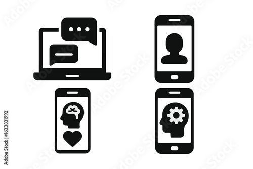 Online Mental Health Support Tools Icon Set. Solid Filled Vector Illustrations for Digital Therapy, Counseling, Telehealth, Chatroom, Emotional Wellbeing, Smartphone and Laptop Communication Concepts