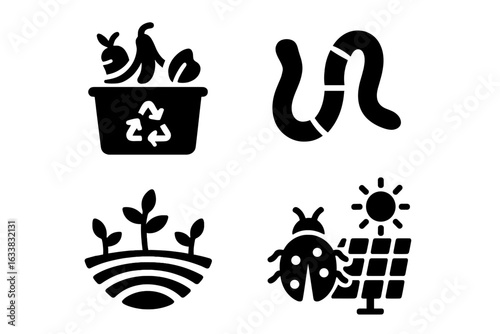 Organic Farming Icons Set. Solid Black Vector Illustrations of Compost Bin Recycle, Earthworm Soil Enrichment, Smart Crop Growth, Natural Pest Control Ladybug, Solar Energy Sustainable Agriculture