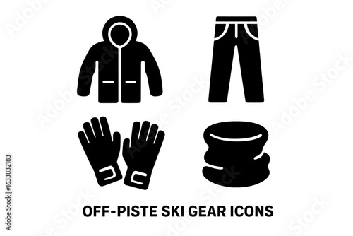 Off-piste ski gear vector icons set. Winter insulated jacket, ski pants, gloves, neck gaiter. Cold weather mountain clothing. Snow sports equipment. Solid style black silhouette illustrations pack.