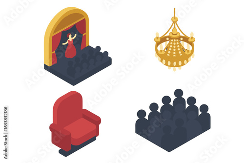 Isometric Opera Theater Icon Set Featuring Stage Performance, Audience Crowd, Elegant Grand Chandelier, Velvet Armchair Seat, Classical Performing Arts and Entertainment Vector Illustration