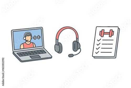 Online Fitness Coaching Vector Set. Isometric Icons of Virtual Personal Training, Video Call Workout Instructor on Laptop, Headset Communication, Fitness Plan Checklist, Digital Exercise Program Tools