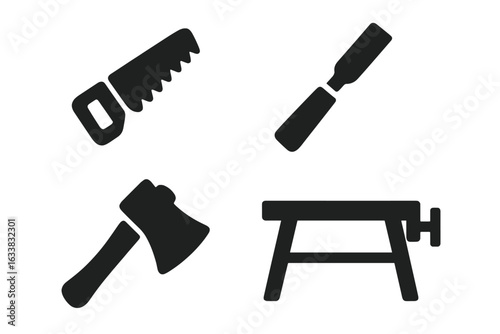 Woodworking Tools Vector Icons Set. Solid Silhouette Collection Featuring Hand Saw, Wood Chisel, Axe, Workbench. Carpentry, Joinery, DIY Workshop Equipment Isolated on Transparent Background