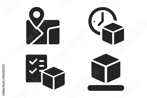 Order Tracking Icons Set. Solid Delivery GPS Pin Location, Route Map, Package Parcel with Clock, Checklist, Progress Bar. Shipping Logistics, Tracking Process, Courier Service Vector Illustration