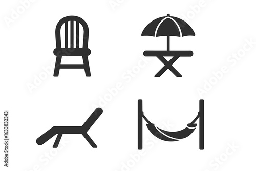 Outdoor furniture icons set. Black solid vector illustration collection of patio chair, garden table with umbrella, lounge sunbed, and hammock. Modern design for terrace, backyard, and garden decor.