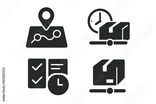 Order tracking and delivery solid icon set. Package progress bar, GPS pin location, route map, delivery time, shipment checklist, timeline milestone, parcel tracking, logistics vector illustration