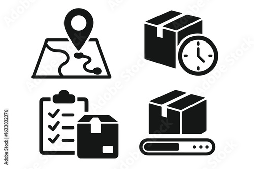 Order Tracking Icons Set. Solid Filled Vector Pack. GPS Pin Route Map Location, Delivery Time Clock, Checklist Inventory, Shipping Package Progress Bar. Modern Logistic Tracking Symbols