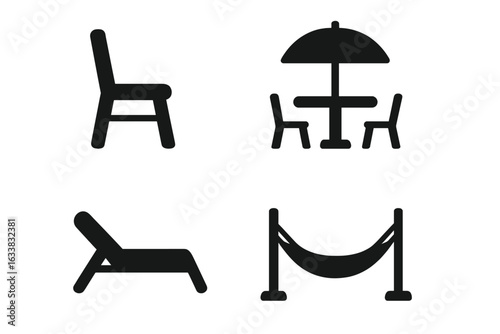 Outdoor furniture icon set. Modern black silhouette vector of patio chair, garden table and umbrella, sun lounger, hammock for terrace, backyard, poolside, picnic, lawn, party, relaxation