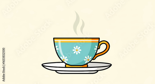 A charming vintage teacup with a floral daisy pattern, steaming with a hot comforting beverage on a simple background.