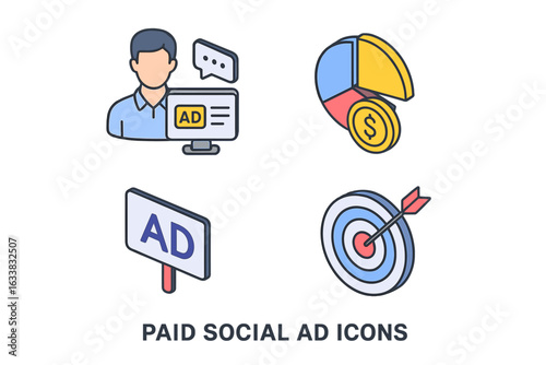 Paid Social Media Advertising Icons Set. Campaign Manager, Online Marketing, Target Audience, Budget Allocation Pie Chart, Digital Ad Placard, Precision Targeting Symbol. Vector Illustration.