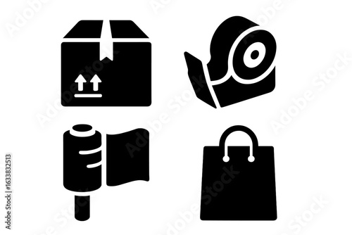 Packaging and Shipping Solid Icon Set. Cardboard Box, Packing Tape Dispenser, Industrial Stretch Wrap, Shopping Bag. Black Vector Illustration. Logistics, Delivery, E-commerce, Warehouse Supplies