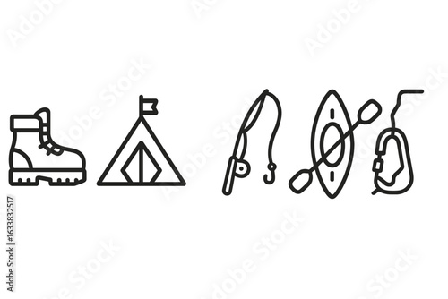 Outdoor Adventure Activities Icon Set. Hiking Boot, Camping Tent, Fishing Rod, Kayak with Paddle, Climbing Gear. Outline Vector Illustration. Nature Exploration, Travel, Recreation, Sports Concept