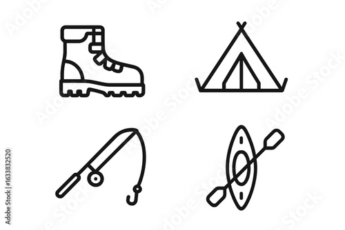 Outdoor adventure outline icon set with hiking boot, camping tent, fishing rod, kayak, paddle. Vector illustration representing hiking, camping, fishing, kayaking, outdoor sports, leisure, recreation.