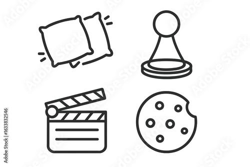 Pillow fight icon, board game pawn symbol, movie clapper, and bitten cookie outline set. Fun hand drawn leisure activities, snack, entertainment concepts. Black linear vector isolated on white