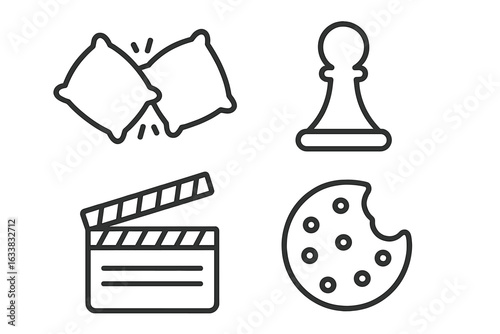 Pajama Party Activities Icon Set. Outline Vector Collection Featuring Pillow Fight, Chess Piece, Movie Clapperboard, Cookie. Teenage Sleepover Fun, Entertainment, Board Games, Snack Time Symbols