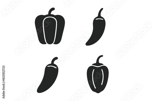 Black pepper vegetable icon set. Solid filled vector silhouettes of bell pepper, chili, jalapeño, habanero, spicy and sweet pepper mix, Mexican hot food, minimal spice illustration isolated.