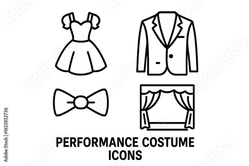 Performance costume icons set. Outline vector illustration of stage outfit elements including dress, tuxedo jacket, bow tie, theatrical curtain. Theater, musical, ballet, opera wardrobe symbols.
