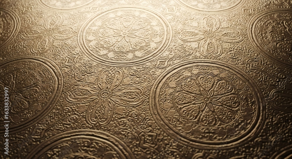 Obraz premium Ornate Embossed Metal Surface with Floral and Circular Designs Textured Background.