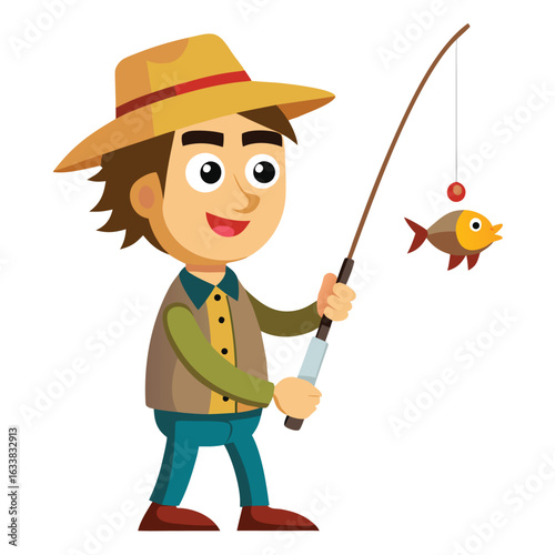 A patient cartoon man fishing with a rod, catching a tiny fish, representing hobbies, patience, and outdoor activities.