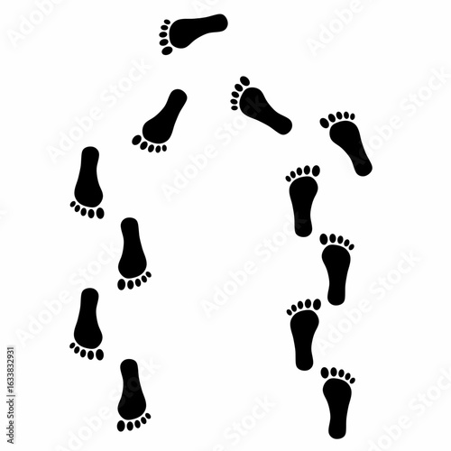 Vector silhouette of human footprints walking barefoot with a path turning back on a white background.