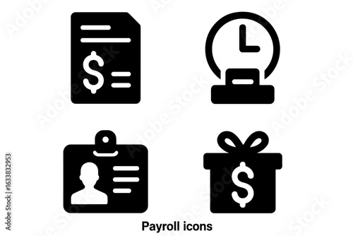 Payroll Payment Icons Set. Wage slip, employee time clock, staff ID badge, salary bonus gift box. Solid filled vector icons for payroll, HR, compensation, salary, paycheck, finance, business services.