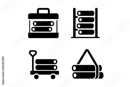 Industrial Pipework Storage and Transport Solid Icons Set. Toolbox, Pipe Rack, Trolley Caddy, Carry Strap. Utility Equipment for Pipe Handling, Manufacturing, Construction, Warehouse Logistics Vector